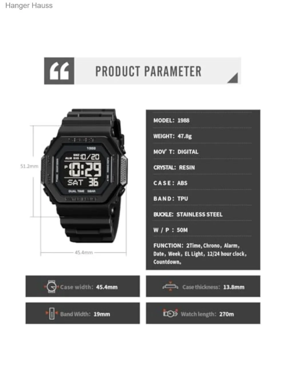 Digital Sports Watch 50M Water Resistant Dual Time Stopwatch